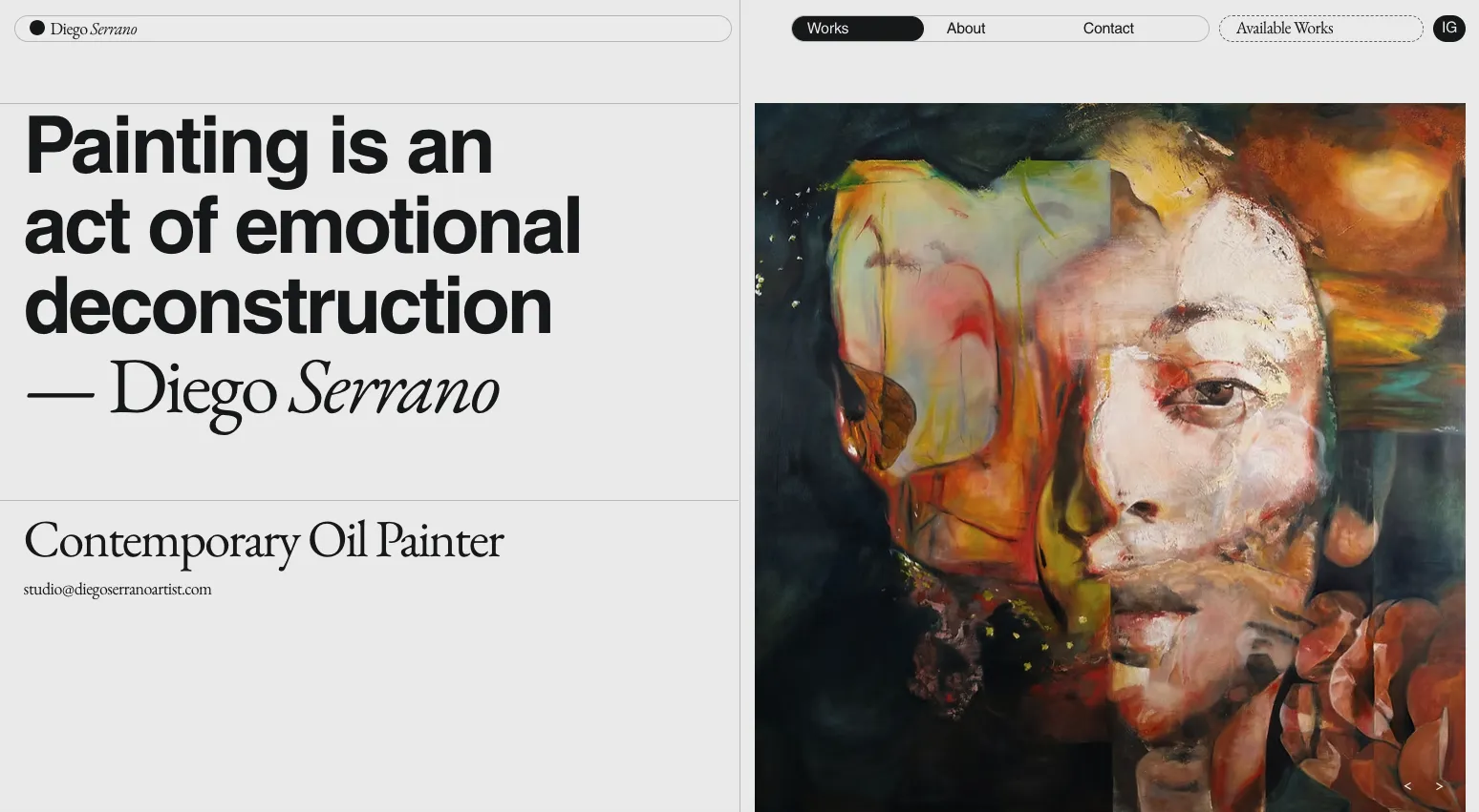 Web de Diego Serrano Artist: retrato pintado al óleo junto al titular «Painting is an act of emotional deconstruction»